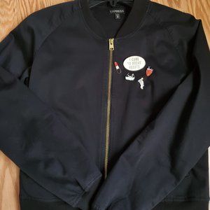 Express Black Matte & Gold Zipper Bomber Jacket w/ Express Pin and assorted pins